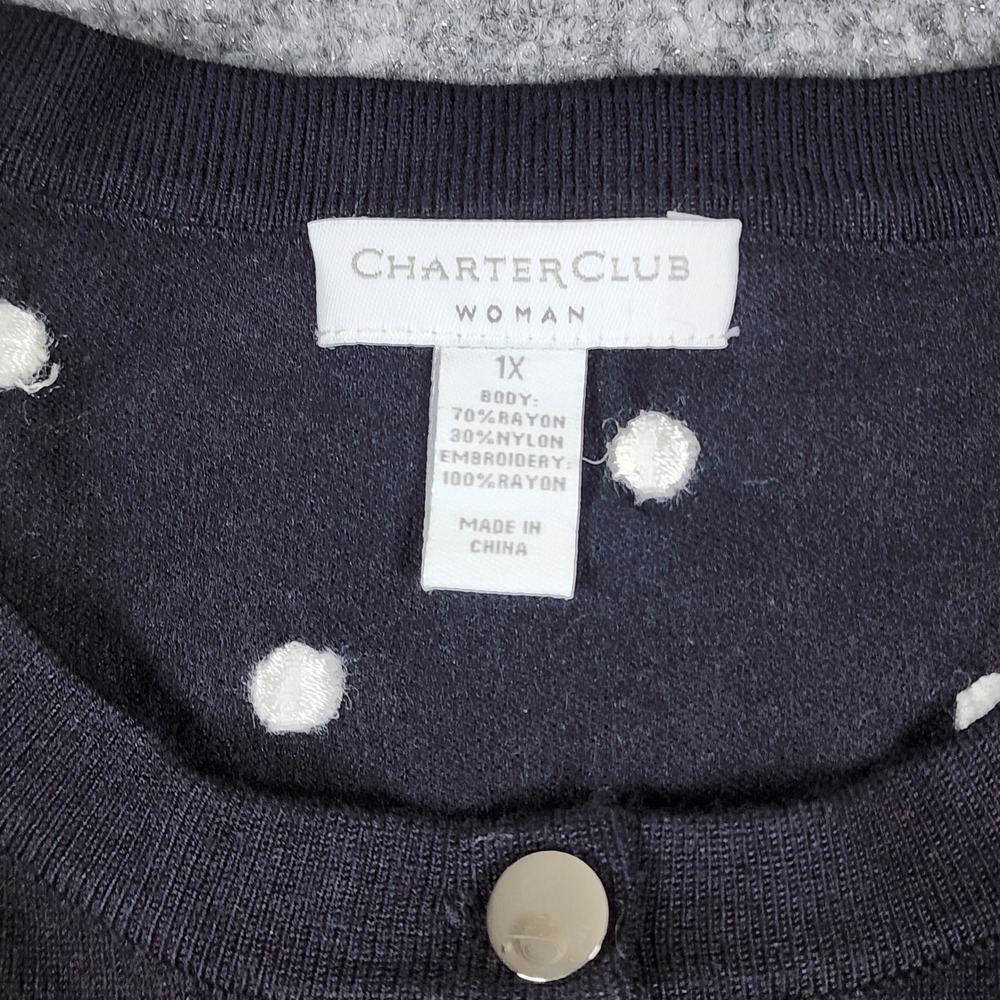 Charter Club Woman Black Polka Dot Cardigan Sweater 1X Embroidered Button Front - Picture 5 of 6